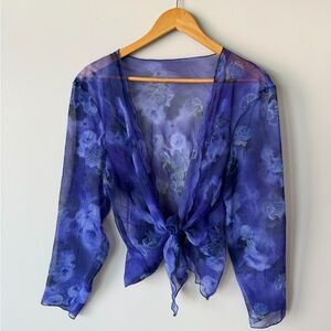 Vintage y2k Sheer Tie-Front Floral Blouse - Purple